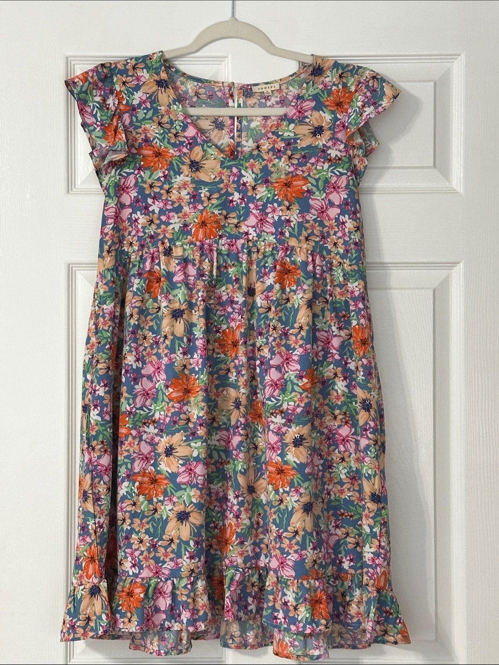 JODIFL  Floral Flutter Sleeve Dress - Blue, Pink, Orange, Cream